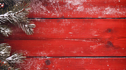 Snowy spruce branches on a vivid red wood background