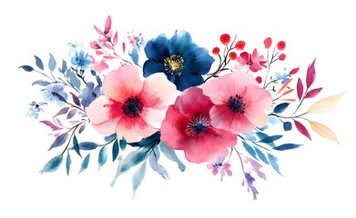 Watercolor floral bouquet with pink, blue, and red flowers on a white background illustration clipart.