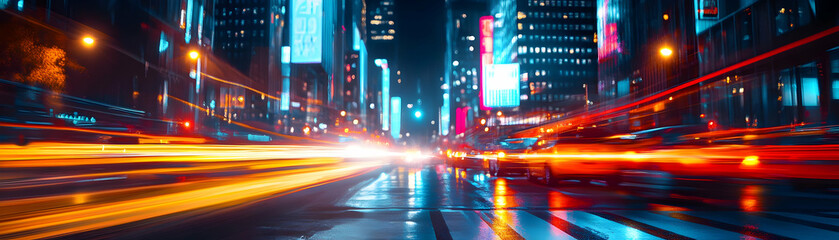 Obraz premium A Long Exposure Photo of a City Street at Night with Blurred Lights and Vehicles