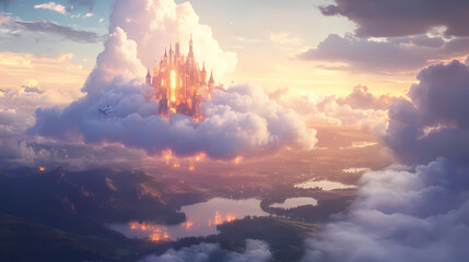 Fototapeta premium Generative AI, Glowing Castle of Clouds Hovering Over a Dreamlike Landscape