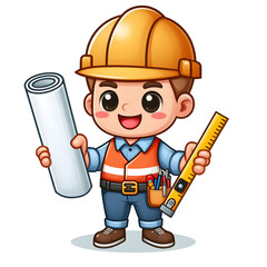 Isolated flat-style illustration of cute builder on wite background.
