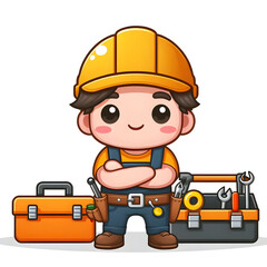 Fototapeta premium Isolated flat-style illustration of cute builder on wite background.