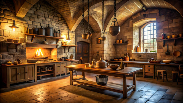 Medieval castle kitchen interior with cinematic lighting , medieval, castle, kitchen, interior