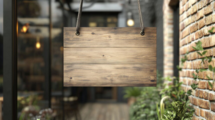 blank wooden hanging sign mockup on the brick wall