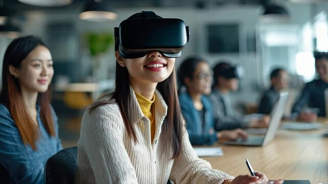 An Asian digital business team collaborating in a virtual reality environment, using VR headsets to explore innovative solutions in a futuristic office.