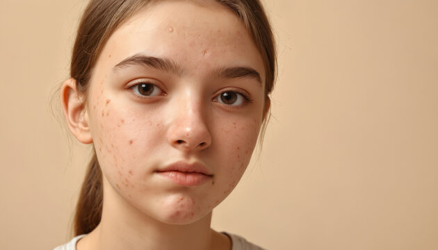 Portrait visage adolescente jeune fille peau boutons acn&eacute; cr&egrave;me cosm&eacute;tique adolescence.