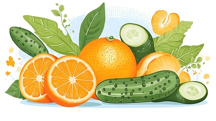 GMO oranges and cucumbers, organic agriculture theme, flat design illustration