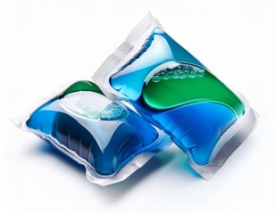  Capsules with detergent for washing machine isolated on white background. Laundry pods, liquid