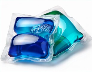  Capsules with detergent for washing machine isolated on white background. Laundry pods, liquid
