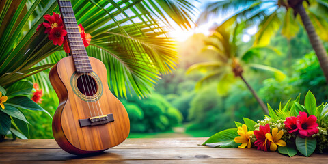 Colorful ukulele on a tropical background, creating a relaxed vibe, ukulele,tropical, colorful, instrument, music, fun
