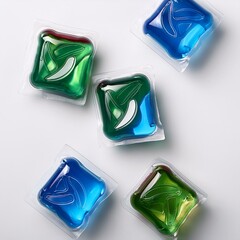  Capsules with detergent for washing machine isolated on white background. Laundry pods, liquid