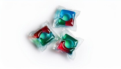  Capsules with detergent for washing machine isolated on white background. Laundry pods, liquid