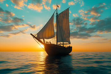 A Tall Ship Sails on a Calm Sea at Sunset with a Golden Sky Filled with Clouds