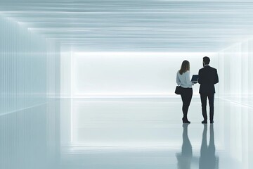 Obraz premium Business professionals discussing in futuristic office space