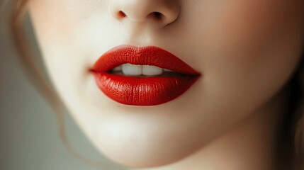 Fototapeta premium Close-up of a beautiful woman's lips adorned with vibrant red lipstick, perfect for makeup, beauty, and fashion themes.