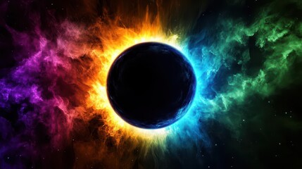 Obraz premium mesmerizing solar eclipse with neon blue yellow green and purple starlike rays emanating from dark celestial body cosmic energy pulses against inky black sky background