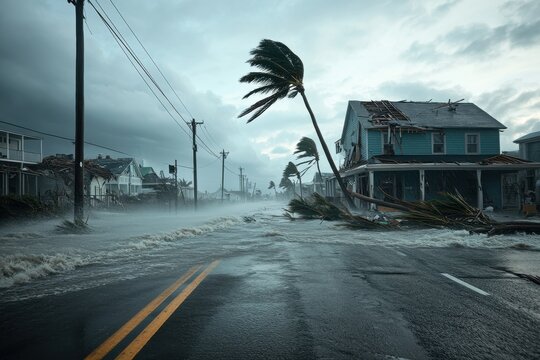 A severe hurricane leaves behind a scene of devastation with a flooded street, downed power lines, and ruined houses, showcasing nature&rsquo;s unstoppable force and impact.