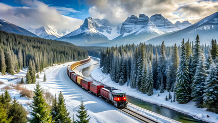 Cargo train passing through snowy Morant's Curve in Banff, Canadian Pacific Railway in Winter, train