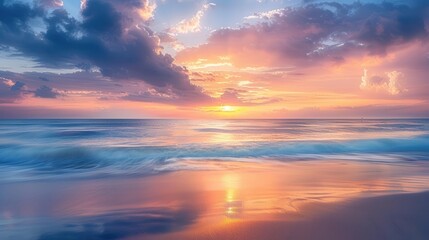 Fototapeta premium mesmerizing sunrise seascape ethereal pastel hues blending sky and sea tranquil waters reflecting golden light serene coastal meditation