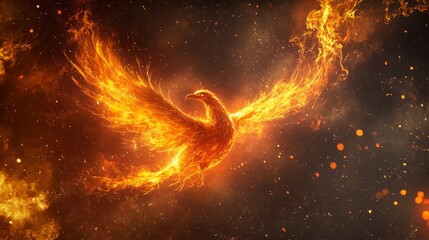 A burning phoenix rising from the flames in a mystical, fiery display, symbolizing the power of fire and rebirth.