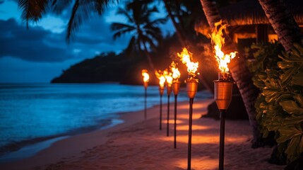 A row of tiki torches lining a tropical beach path, their flames flickering against the twilight as the ocean reflects their glow.