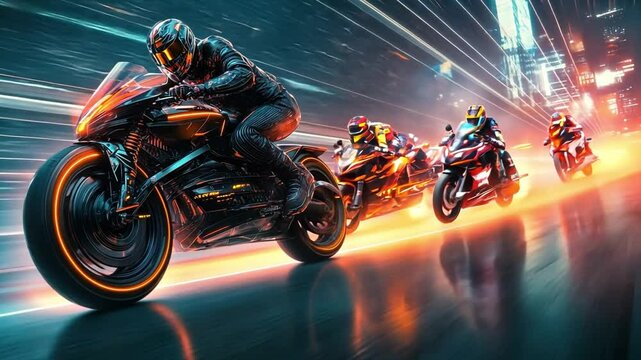 An anime-style high-speed chase on a futuristic highway, with characters on sleek bikes and hovercrafts and neon trails left behind as they race through the city.