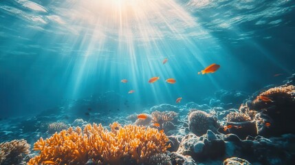 Obraz premium mesmerizing underwater scene with shafts of sunlight piercing crystalclear turquoise waters illuminating vibrant coral reefs teeming with tropical fish