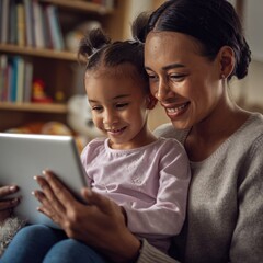 Obraz premium A warm moment of a mother and daughter sitting together, smiling at a tablet. The cozy setting, filled with books and toys, highlights love, learning, and equal access to technology.