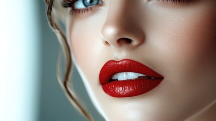 A close-up portrait showcasing a stunning model with vibrant red lips and striking blue eyes, exuding elegance and beauty.