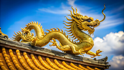 Fototapeta premium Golden dragon statue with intricate design on temple roof , Asia, culture, symbol, powerful, ornate