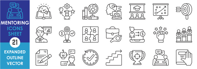 A set of line icons related to Mentoring. Mentor, training, skill, leadership, target, time, communication, plan, education, and so on. Vector outline icons set.