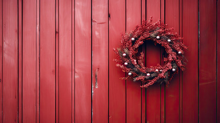 Christmas wreath hanging on a red wooden wall