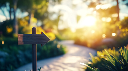 A beautiful sunlit path with a directional sign, surrounded by vibrant greenery, inviting exploration and tranquility in nature.