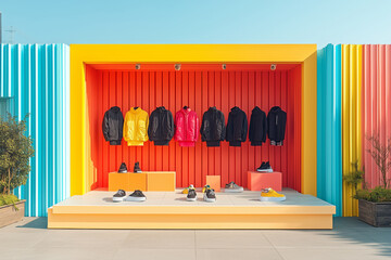 A vibrant pop-up shop showcasing colorful outerwear and footwear in a sunny urban setting during a lively shopping event