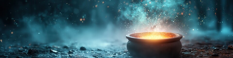 Mysterious witch summoning spirits around a glowing cauldron, holographic spells floating in the air, fantasy style, purple and emerald green palette, highly detailed.