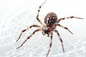 Spider web with a large spider on solid white background, single object