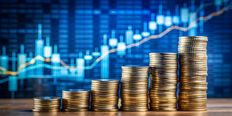 Coins of various denominations stacked in front of a stock market chart , finance, investment, money