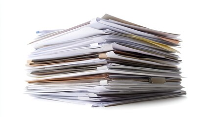 meticulously organized stack of business documents and papers isolated on a crisp white background clean lines and sharp shadows emphasize professionalism and order