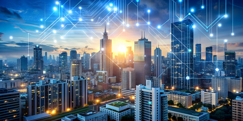 Obraz premium Modern cityscape with digital circuit overlay showing smart city technology , urban, technology, futuristic, cityscape