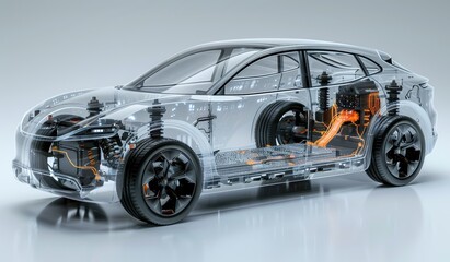 Transparent electric car showcasing battery and internal components in a modern setting