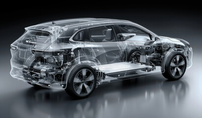 Transparent electric SUV showcasing battery and motor system against isolated background
