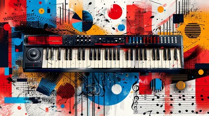 Contemporary art collage. Musical instruments on light background with abstract design elements. Concept of music lifestyle, creativity, inspiration, imagination