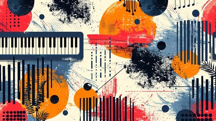 Contemporary art collage. Musical instruments on light background with abstract design elements. Concept of music lifestyle, creativity, inspiration, imagination