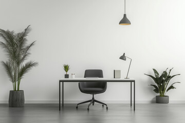 A serene modern office desk setup featuring greenery and a minimalist design, perfect for enhancing productivity and creativity