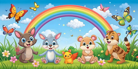 Naklejka premium Cute and funny animals surrounded by butterflies and a rainbow , adorable, happy, cute, animals, butterflies, rainbow