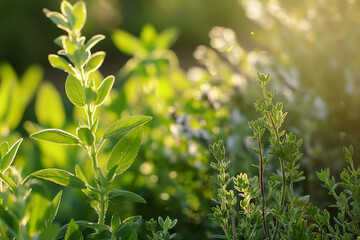 Fototapeta premium A bunch of green plants with some of them being herbs