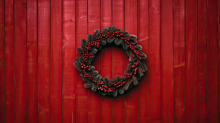 Christmas wreath hanging on a scarlet wooden wall