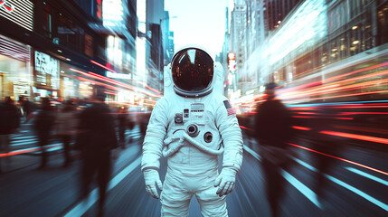 Obraz premium Astronaut in Motion on a Busy City Street at Night