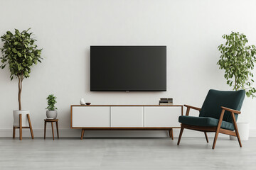 Stylish TV lounge with an inviting armchair, perfect for relaxation and entertainment in a minimalist space with white walls