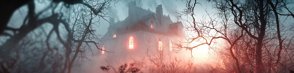 A haunted mansion lit by lightning, with eerie shadows and overgrown vines, [Halloween banner], [classic haunted house with spooky atmosphere].  ,closes up